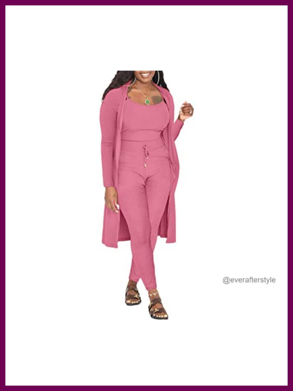 3 Piece Lounge Set Long Cardigan Cami Top Skinny Pants Rib Knit